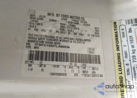 2007 Ford Expedition Xlt из США, поврежденный, VIN 1FMFU15507LA66934